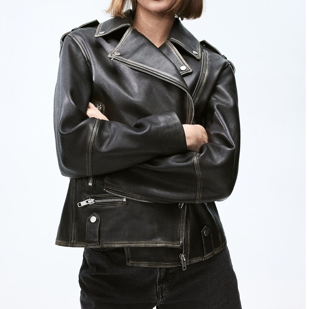 H&M Premium Distressed Black Leather Biker Jacket
